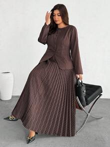 Firerie 大码女式通勤新款仿口袋装饰船领卡其色情人节办公室时尚通勤优雅高街长袖春秋季西装外套和百褶裙两件套 - 咖啡棕 - 查看 2