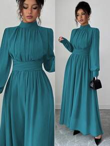 Elenzga 女士优雅休闲雪纺连衣裙，系带腰身，蝴蝶结装饰，立领，长袖，适合通勤、度假、下午茶、派对等场合，纯棕色，春秋冬三季皆宜。 - 水鴨藍 - 查看 1