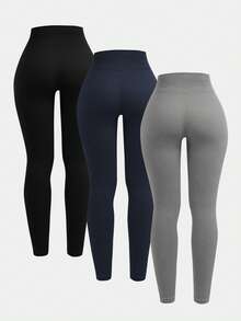 SHEIN 3 条装罗纹无缝紧身裤，适合青少年女孩 - 不透视高腰收腹瑜伽裤，适合健身、运动、跑步、骑行、瑜伽、泡菜球运动、休闲 - 彩色 - 查看 2