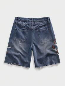 ROMWE MEN Men's Embroidered Pattern Loose Fit Denim Shorts - Blue - View 2