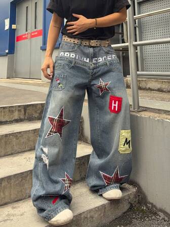 Street Life Jeans de pierna acampanada con ajuste holgado y bordado de estrella con doble cintura para hombre