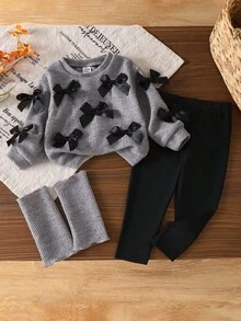 SHEIN 2pcs Baby Girls' Knitted Long Sleeve Gray Top With Bow Tie T-Shirt And Pants Set, Fashionable And Stylish Baby Girl's Outfit For Early Autumn - Grey - View 3