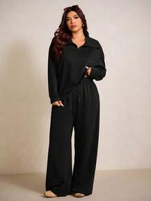 Elaquor Bộ 2 món áo nỉ dài tay rộng rãi, màu trơn, khóa kéo nửa vai, size lớn và quần dài - màu đen - Xem 5