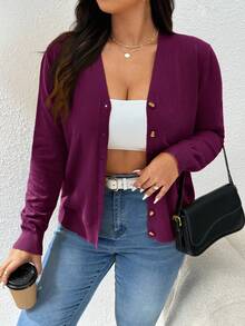 CosyJoli Cárdigan informal de manga larga con botones de unicolor para mujer de talla grande en otoño/invierno - Rojo violeta - Ver 9