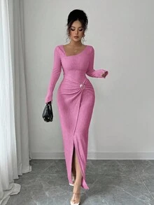 Elenzga 女款粉色優雅婚禮伴娘不對稱領扭轉開衩長洋裝，針織紋理緊身修身，秋季冬季端莊女裝 - 西瓜粉 - 查看 7