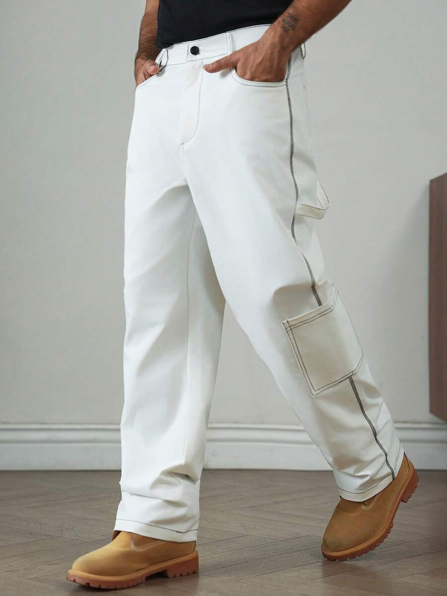 HUEFORM White Woven Fabric Straight Leg Men's Long Pants Business Commuting Style Plain With Zipper Detail - White - View 1