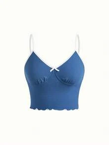 Bonmuse 3pcs/Set Women Solid Color Ruffle Trim Bow Camisole Top & Pants Pajama Setfor Summer - Multicolor - View 8