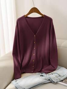 CosyJoli Cárdigan de manga larga con botones y unicolor, informal y holgado, para mujer de talla grande en otoño/invierno - Rojo violeta - Ver 12
