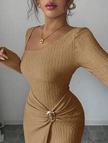 Elenzga 女士纯色时尚扭结长裙，不规则领口针织纹理紧身包臀设计，扭结开衩款式，优雅女士装扮，秋季女装，冬季女士端庄服饰 - 卡其色 - 查看 6