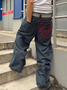 ROMWE MEN Men's Casual Loose Fit Embroidered Denim Jeans - Dark Wash - View 4