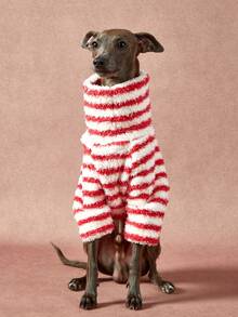 1件宠物秋冬双面毛绒弹力舒适保暖面料高领时尚复古红白条纹狗狗连帽衫 - 彩色 - 查看 7