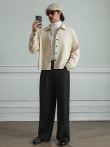 HUEFORM Men's Old Money Snap Design Casual Everyday Versatile Long Sleeve Shirt,Textured Fabric, Stiff Fabric Suitable For Commuting Occasions - Beige - View 7