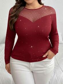 SHEIN Privé Blusa lunga con maniche lunghe, patchwork di paillettes e rete, scintillante, elegante per feste, appuntamenti, concerti, ufficio, vacanze, Capodanno, taglie comode - Bordò - Visualizzare 6