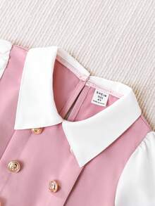 SHEIN Elladie kids 女童藏蓝色彼得潘领双排扣褶裥下摆长袖两用连衣裙，适合休闲、优雅、通勤、校园等场合。 - 粉色 - 查看 5