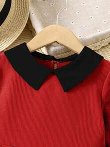 SHEIN 女童休闲黑色撞色领腰针织连衣裙 - 紅色 - 查看 3