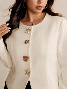 Elaquor 大码纯色圆领金属纽扣优雅长袖白色女式外套，春季女装 - 杏色 - 查看 4