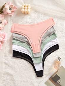 5pcs/Pack Women's Solid Color Casual Comfortable Minimalist Thong Panties - Multicolor - View 5