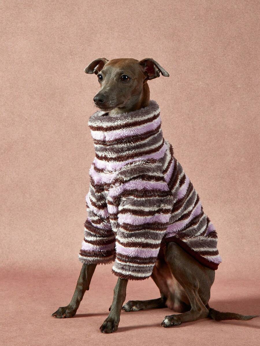 1pc Pet Universal Autumn And Winter Double-Sided Plush Elastic Comfortable Warm Fabric High Neck Fashionable Retro Brown Purple Stripe Pattern Dog Hoodie - Multicolor - View 1