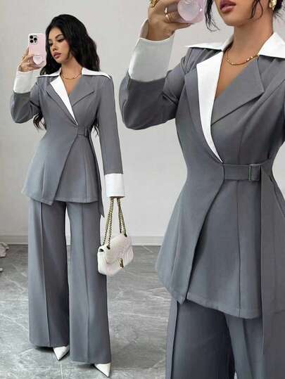 Elenzga 女士优雅时尚简约百搭高端裹身设计撞色修身灰色西装外套+阔腿西裤套装，适合办公室/通勤，秋冬季穿着