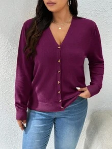CosyJoli Cárdigan informal de manga larga con botones de unicolor para mujer de talla grande en otoño/invierno - Rojo violeta - Ver 12