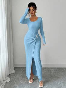 Elenzga Women's Solid Color Fashion Solid Color Twisted Long Dress ,Irregular-Neck Knitted Texture Tight Bodycon, Twisted And Slit Design Dress,Classy Outfits For Women,Fall Women Clothes,Winter Modest Clothes For Women - Blue - View 6
