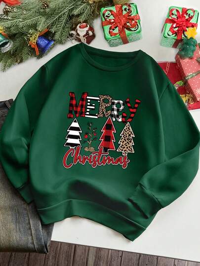 EMERY ROSE 女式圣诞树和标语印花圆领运动衫（秋季）