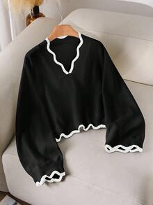 SHEIN Cosyjoi Áo len dệt kim màu khối lượn sóng thanh lịch cỡ lớn dành cho nữ - màu đen - Xem 4