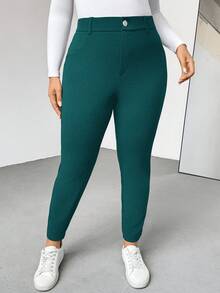SHEIN Essnce Plus Size Women's Spring And Summer Fashion Casual Comfortable Basic Daily Versatile Slim High Elastic Tights,Women Bottom,Curve Pants,Work Pants,Office For Women,Airport For Women,Minimalist Style,Teacher,Stretch Comfort Pants - Dark Green - View 5