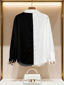 Franclia Women's New Printed Lapel Black And White Long Sleeve Shirt - Multicolor - View 2