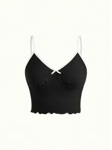 Bonmuse 3pcs/Set Women Solid Color Ruffle Trim Bow Camisole Top & Pants Pajama Setfor Summer - Multicolor - View 6