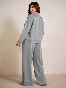 Elaquor Plus Size Solid Color Minimalist Long Sleeve Top And Pants 2 Pieces Set - Grey - View 3
