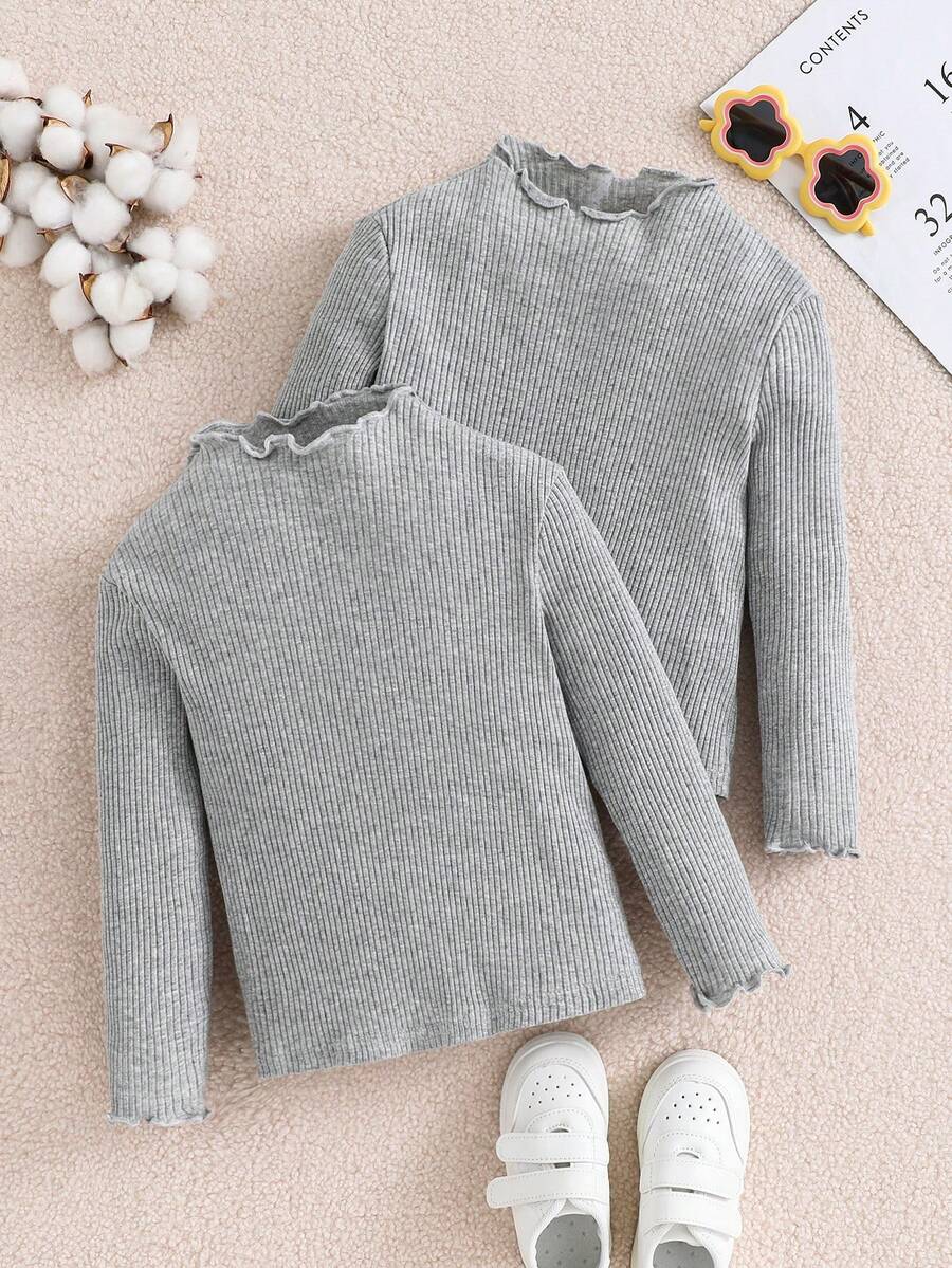 SHEIN 2pcs Pack Young Tween Girls' Casual Basics Solid Color Knitted Elastic Long Sleeve Undershirt Tops Multiple Pieces, Great For Casual & Daily Wear & School Daily In Autumn & Winter, Must-Have, Versatile,Mom And Daughter Matching. Girls Long Sleeve T-Shirts, Long Sleeve Tops For Girls, Turtle Neck 4y Girl, - Light Grey - View 1