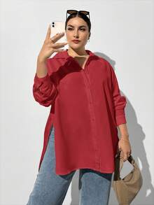 SHEIN Essnce 大码女装秋冬休闲宽松红色基础款长袖纽扣衬衫，宽松上衣，复古风格，职业女式衬衫，秋季，高开衩设计，基础款长袖衬衫，返校节，机场通勤装 - 紅色 - 查看 6