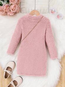 SHEIN Young Girl Fashion Sweet Solid Color Double-Sided Fleece Dress With Diagonal Shoulder Bag, Long Sleeve Kids Dress, Girl Clothes Autumn And Winter Clothes, Autumn And Winter Young Girls Dressse, Light Pink Girls Outfit Winter - Baby Pink - View 2