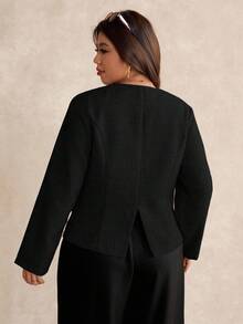 Elaquor Plus Size Casual Metal Shell Button Round Neck Jacket, Autumn - Black - View 2