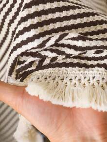 CosyJoli Women's Plus Size Round Neck Tassel Hem Striped T-Shirt, Casual All-Match Versatile Plus Size Tee/Fall/Winter Striped Long Sleeve Knit Tops Stripe Top Striped Sweater - Brown - View 5