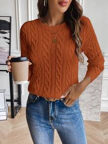 SHEIN LUNE Solid Color Crew Neck Twist Knit Casual Pullover Sweater - Orange - View 3