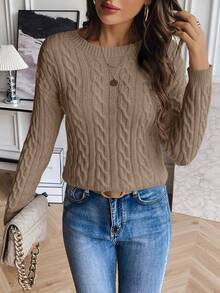 SHEIN LUNE 女式纯色简约休闲长袖套头毛衣 - 駝色 - 查看 6