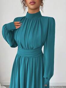 Elenzga 女士优雅休闲雪纺连衣裙，系带腰身，蝴蝶结装饰，立领，长袖，适合通勤、度假、下午茶、派对等场合，纯棕色，春秋冬三季皆宜。 - 水鴨藍 - 查看 6