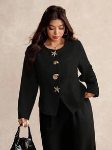 Elaquor Plus Size Casual Metal Shell Button Round Neck Jacket, Autumn - Black - View 1