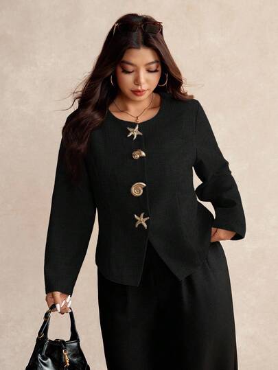 Elaquor 大码休闲金属贝壳纽扣圆领外套，秋季款