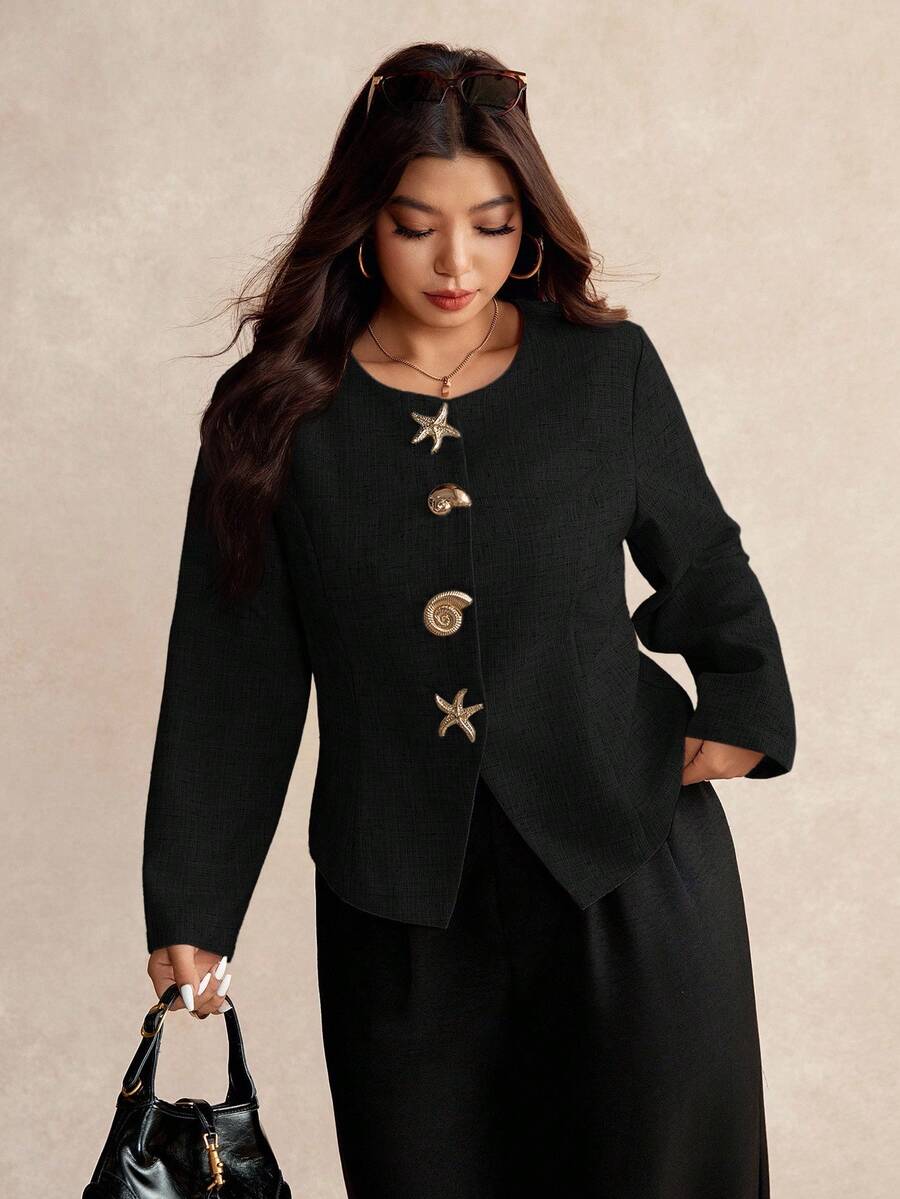 Elaquor Plus Size Casual Metal Shell Button Round Neck Jacket, Autumn - Black - View 1