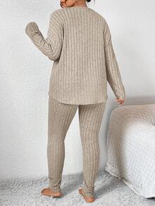 SHEIN Frenchy Plus Size Casual Solid Color Long Sleeve Top And Pants 2 Pieces Set, Autumn - Apricot - View 2
