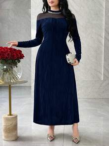 Modelyn Elegant Bara Axlar Med Strassutsmyckad Långärmad Vinröd Festklänning - Marinblå - Visa 2