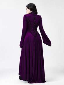 ROMWE Gothic Retro Palace Style Contrast Color Lace Trim Velvet Long Jacket For Women - Purple - View 7