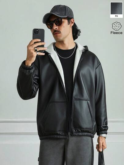 HUEFORM Chaqueta con capucha con cremallera de manga larga forrada térmicamente de imitación de cuero para hombres, para otoño/invierno, forrada térmicamente