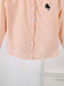 SHEIN Genkimix Kids 1 件女童翻领长袖纽扣条纹衬衫，正面绣有图案，秋季休闲上衣 - 黃色 - 查看 5