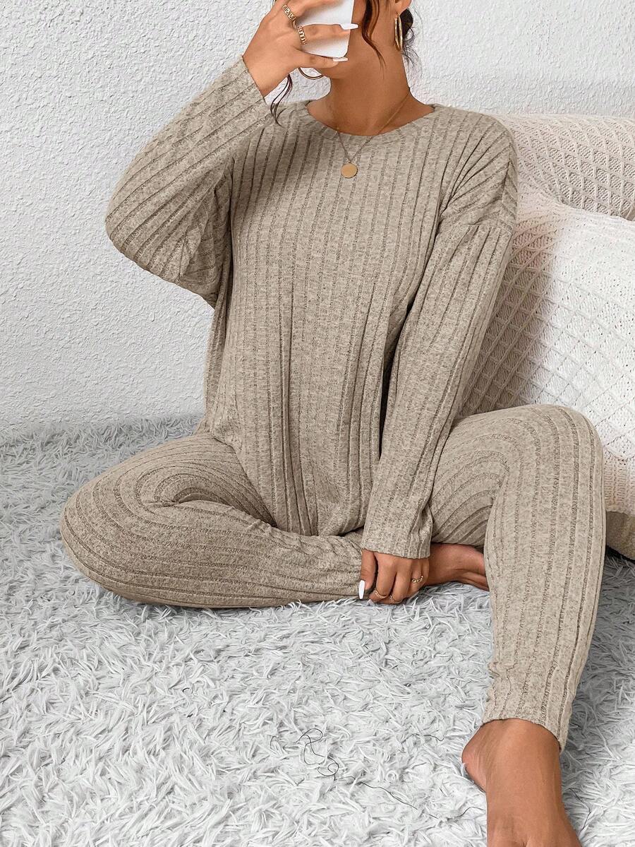 SHEIN Frenchy Plus Size Casual Solid Color Long Sleeve Top And Pants 2 Pieces Set, Autumn - Apricot - View 1