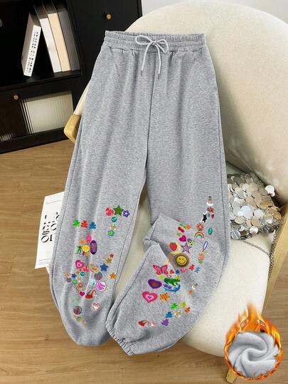 Resyla Cartoon-Printed Casual Sweatpants For Women In Autumn And Winter, Fleece And Thickened, Warm And Versatile Tight-Fitting Pants