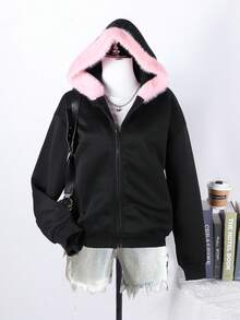 2025款青少年女孩（13-16岁）秋冬季拉链卫衣，时尚可爱休闲，适合上学、度假、旅行、户外运动、返校等场合。 - 黑色 - 查看 3